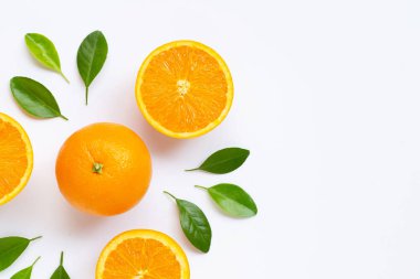 Fresh orange citrus fruit with leaves isolated on white backgrou clipart