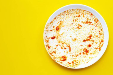 Sarı arka planda kirli tabak. Boşluğu kopyala