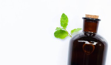 Beyaz zemin üzerinde taze nane yaprakları olan gerekli yağ şişesi.. 