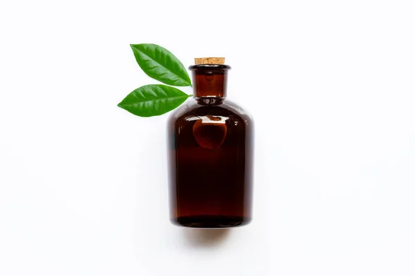 Ätherische Ölflasche Mit Grünen Blättern Auf Weißem Hintergrund Kopierraum — Stockfoto