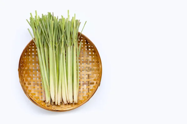 Fresh Lemongrass Wooden Bamboo Threshing Basket White Background Copy Space — Stock Photo, Image