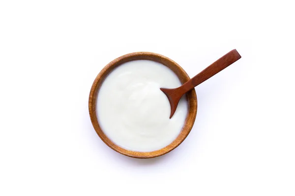 Fehér Joghurt Fából Készült Tálban Fehér Háttérrel Felülnézet — Stock Fotó