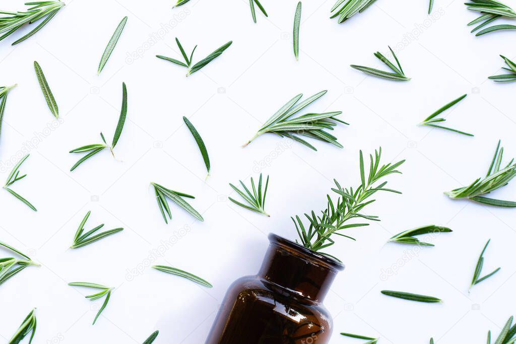 Fresh rosemary leaves with essential oil bottle on white background. Top view