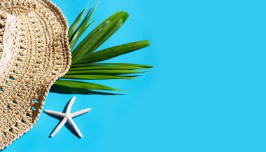 Mavi arka planda deniz yıldızı ve tropik palmiye yapraklı yaz şapkası. Boşluğu kopyala