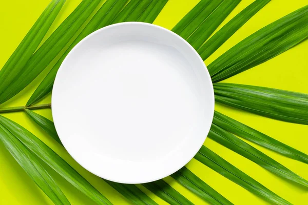 Yeşil Arka Planda Tropikal Palmiye Yaprakları Üzerinde Boş Beyaz Seramik — Stok fotoğraf