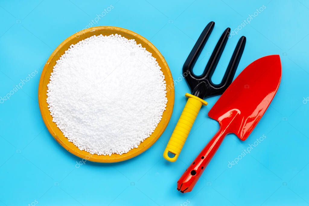 Chemical plant urea fertilizer on pottery plate with garden shovel and fork on blue background. Top view