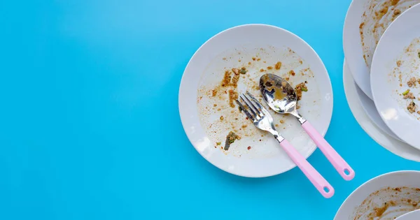 Dirty Dishes Blue Background Top View — Stock Photo, Image