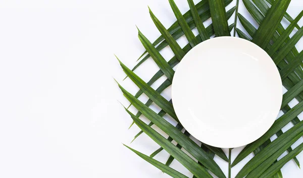 Empty White Ceramic Plate Tropical Palm Leaves White Background Top — Stock Photo, Image