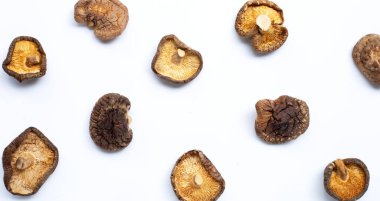 Beyaz arka planda kurutulmuş shiitake mantarı. Üst Görünüm