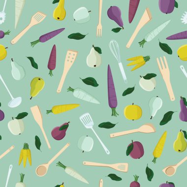 Elma, armut, havuç ve mutfak araçları - vektör arka plan