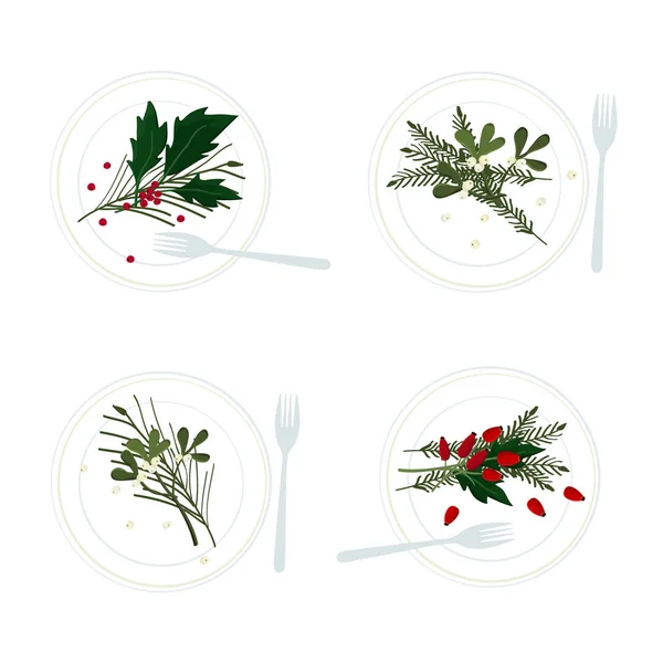 Plates Christmas Decorations Vector Illustration — Stock Vector