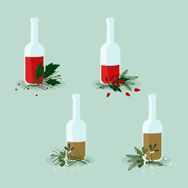 Rose Hip Mistletoe Liqueur Set Vector Illustration — Stock Vector