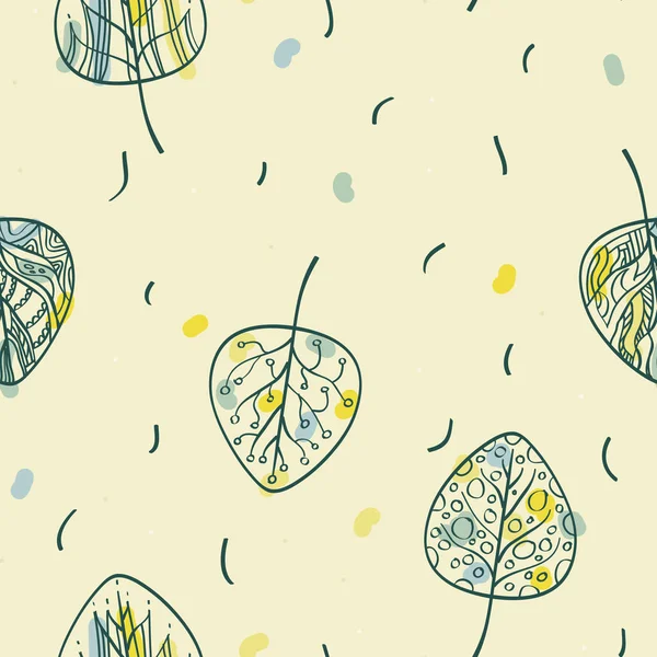 手描きで飾られた光の黄色背景の葉 のベクトルの背景 — ストックベクタ
