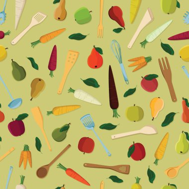 Elma, armut, havuç ve mutfak araçları - vektör çizim