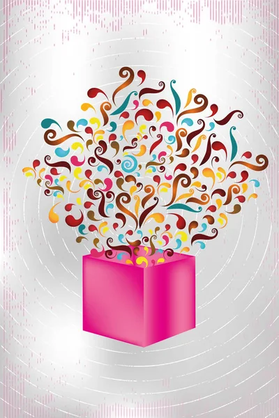 レトロなスタンプ デザインで背景にカラフルな渦巻きと魔法の贈り物はピンクのギフト ボックス — ストックベクタ