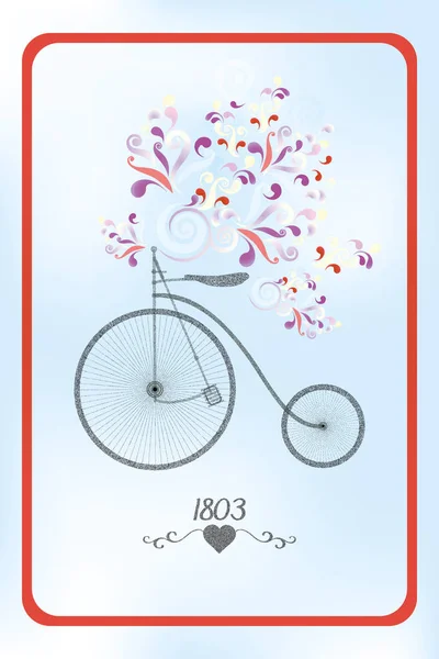 Retro Bicycle Stamp Effect Colorful Swirls Light Blue Background Red — Stock Vector