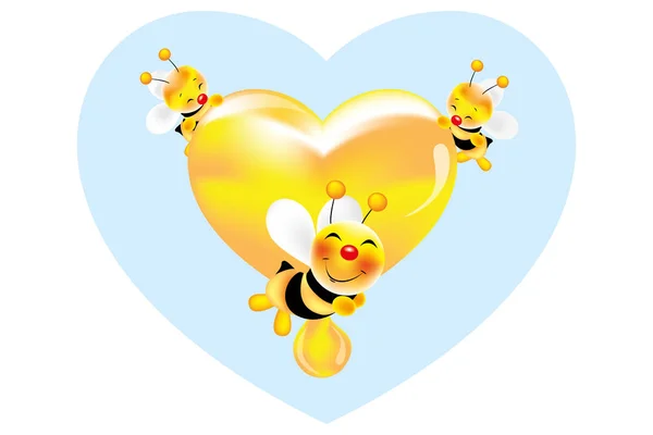 Mooie Glimlachend Bijen Houden Een Hart Van Honing Geïsoleerd Licht — Stockvector