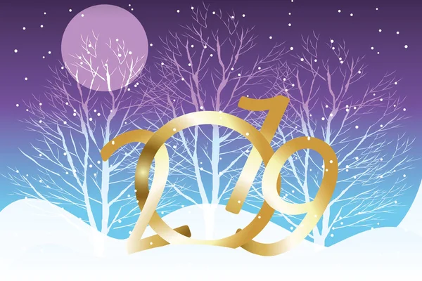 Illustration Golden 2019 Night Silent Winter Landscape Moon Snowflakes — Stock Vector