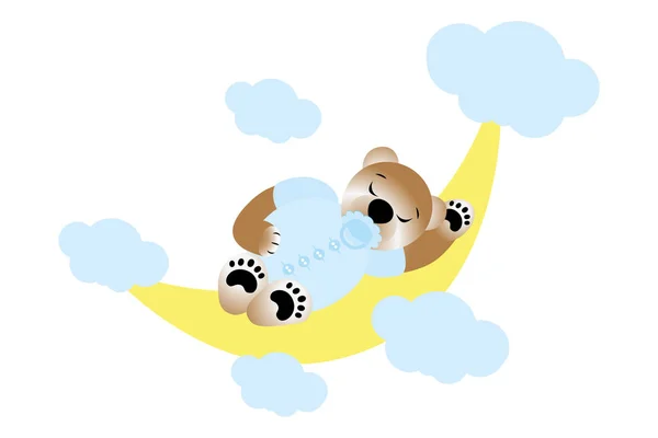 Lindo Niño Peluche Durmiendo Media Luna Las Nubes Aislado Blanco — Vector de stock