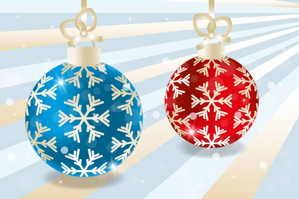 Realistische Kerstballen Blauw Rood Met Gouden Versieringen Retro Achtergrond Met — Stockvector