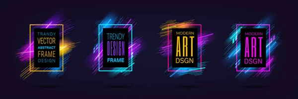 Vektör dinamik neon parlayan çizgilerle siyah arka plan üzerine izole modern çerçeveler. Sanat grafik lazer etkisi ile. Kartvizit, hediye kartları, davetiyeler, el ilanı, broşür tasarım öğesi