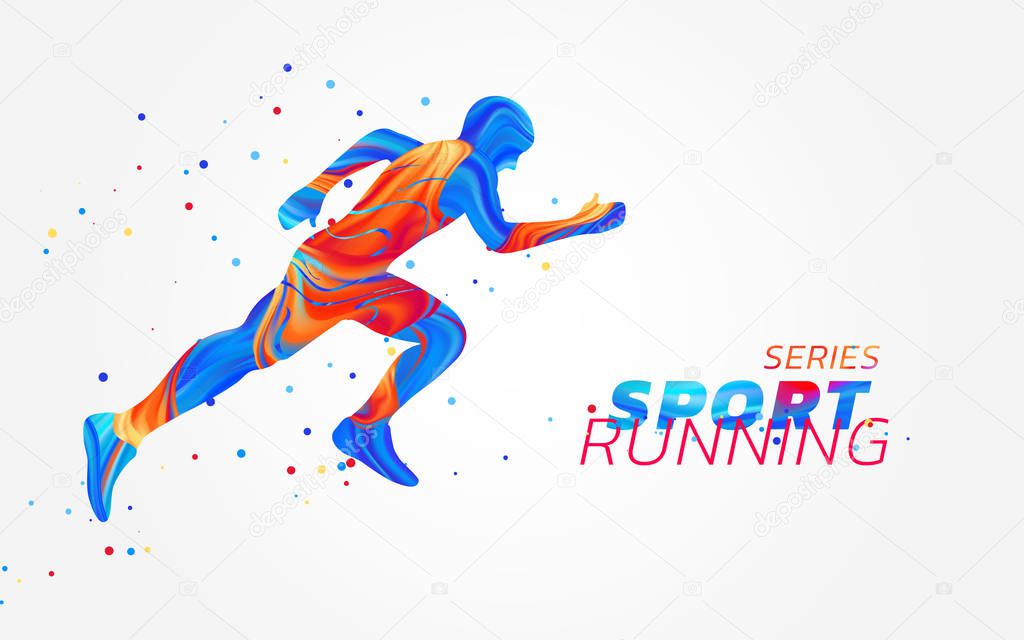 Runner with colorful spots isolated on white background. Liquid design with colored paintbrush. Vector illustration of athletics, marathon, run. Sports, competition theme.Concept of active lifestyle