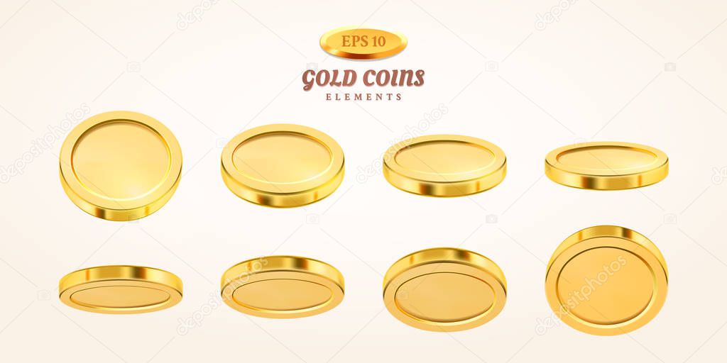 Vector empty 3d gold coins set isolated on background in different positions. Rain of golden coins. Falling or flying money. Bingo jackpot or casino poker or win element. Cash treasure concept