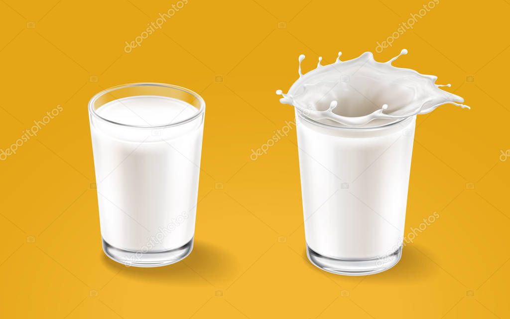Milk and transparent cup elements isolated on warm background. Liquid splash in glass cup. Milk pours out. Vector 3d realistic illustration