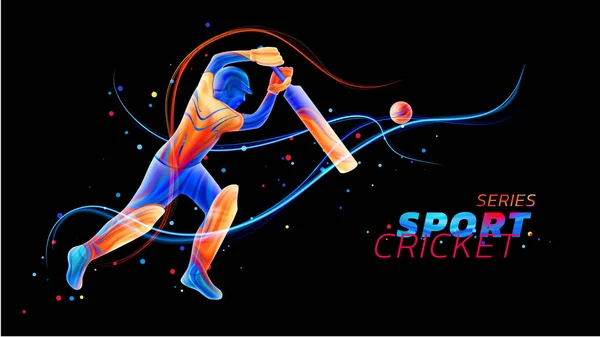 Renkli sıvı sıçraması ve fırça darbeleri neon çizgileri ve renkli noktalar kriket oynarken topa vuran oyuncu, soyut illüstrasyon vektör. Şampiyonluk ve rekabet spor. 3D oyuncu siluet — Stok Vektör