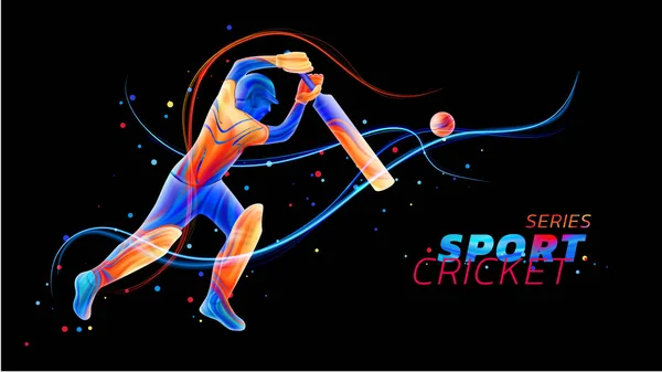 Renkli sıvı sıçraması ve fırça darbeleri neon çizgileri ve renkli noktalar kriket oynarken topa vuran oyuncu, soyut illüstrasyon vektör. Şampiyonluk ve rekabet spor. 3D oyuncu siluet
