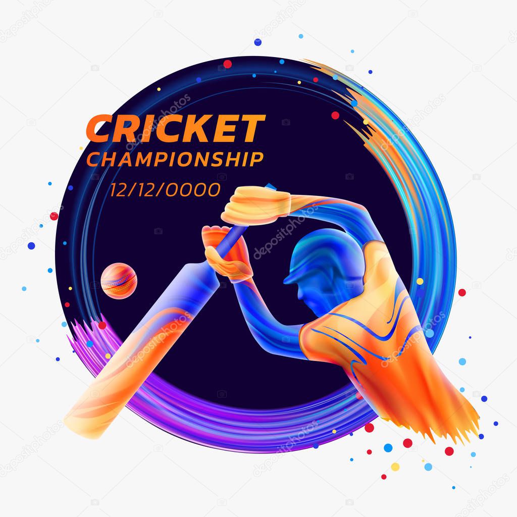 Vector abstract illustration of batsman playing cricket from colored liquid splashes and brush strokes with colored dots. Championship and competition sports. 3d player silhouette