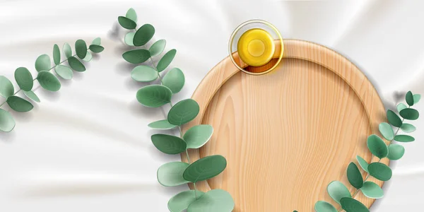 Евкаліптова олія в мисці, рослинній гілці та тарілці — стоковий вектор