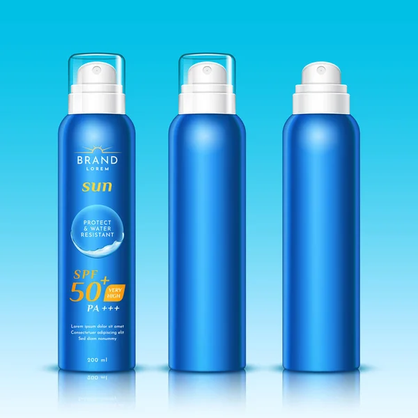 Spray realistico per la protezione solare, bottiglie aerosol 3d — Vettoriale Stock