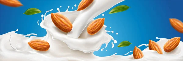 Schizzo realistico di latte di mandorla con noci — Vettoriale Stock