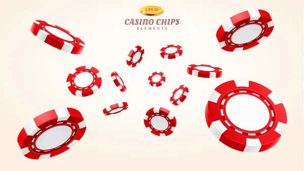 Red 3D casino chips o volare gettoni realistici — Vettoriale Stock