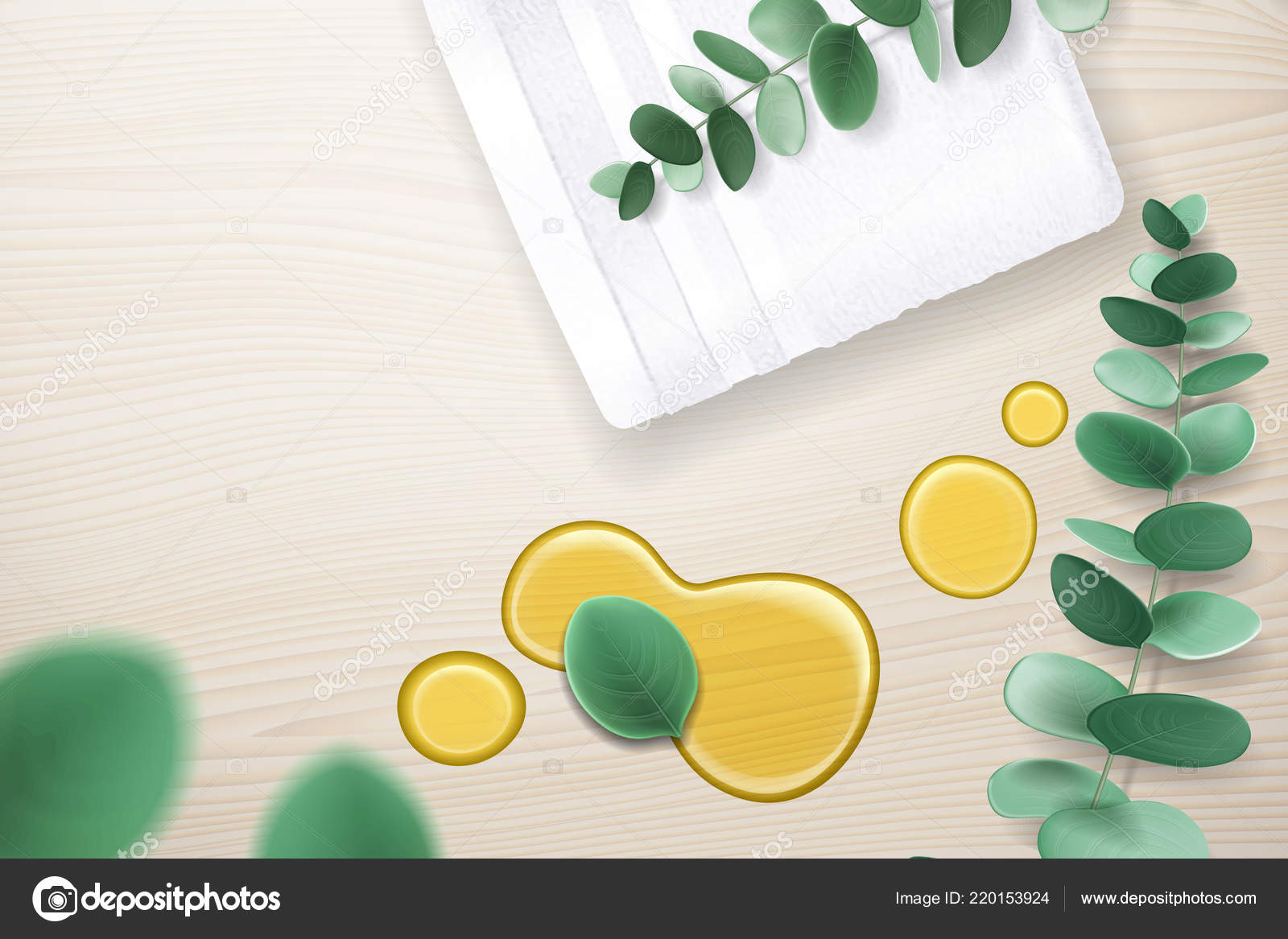 Eucalyptus branch and oil stain with spa towel Stock Vector Image by