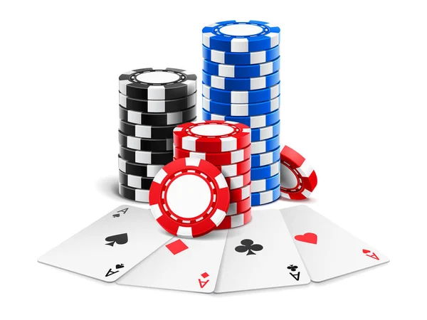 Παίζοντας κάρτες κοντά σε στοίβα των καζίνο τρισδιάστατων τσιπ — Διανυσματικό Αρχείο