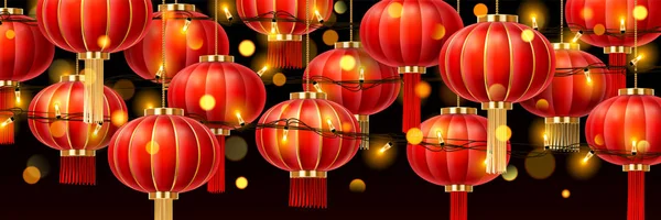 Guirlandas em lanternas chinesas ou lâmpadas de papel china — Vetor de Stock