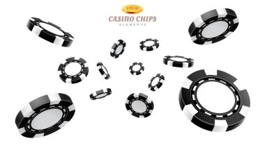 Siyah 3D casino fişi veya gerçekçi belirteçleri uçan