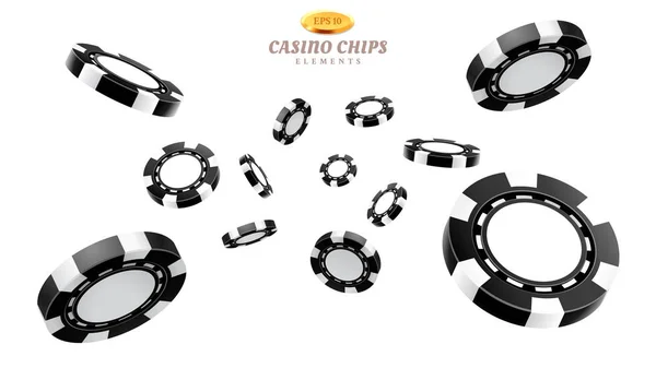 Zwart 3d casinofiches of vliegend realistische penningen — Stockvector