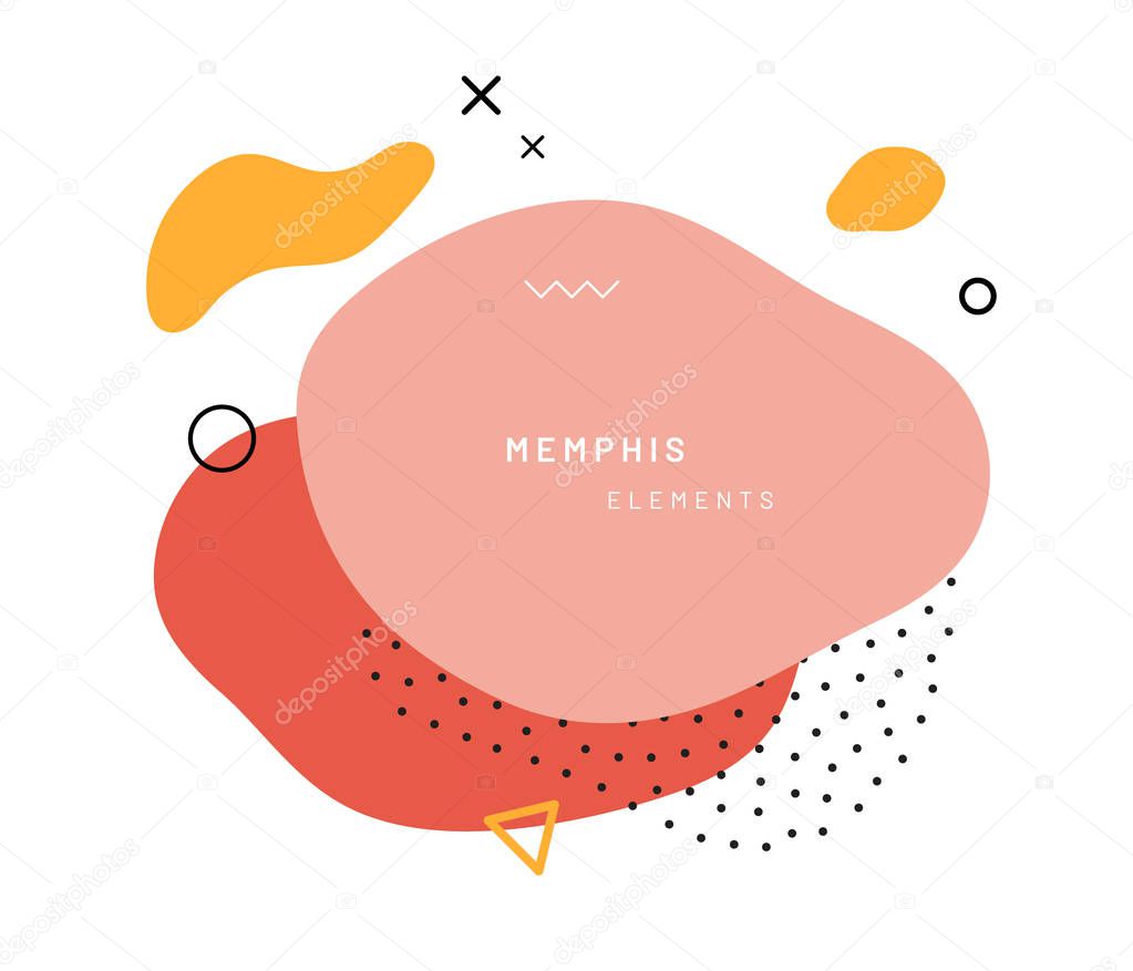 Abstract geometric shapes or texture in memphis style. Retro summer pattern with red, yellow and pink colors. Modern poster design or background composition dots and triangle, free shape form.