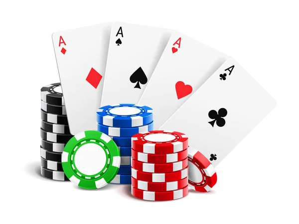 Παίζοντας κάρτες κοντά σε στοίβα των καζίνο τρισδιάστατων τσιπ — Διανυσματικό Αρχείο