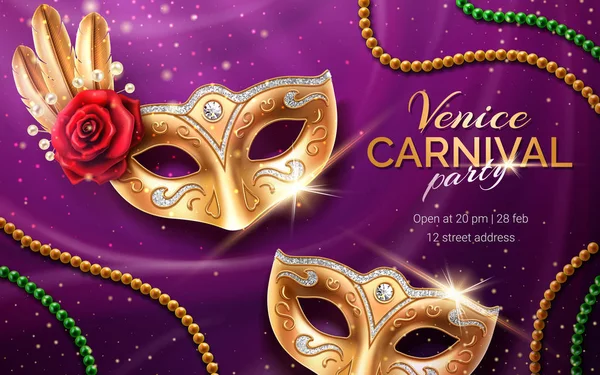 Invitiamo Carnevale Mardi Gras Con Maschera Perline Sfondo Volantino Veneziano — Vettoriale Stock