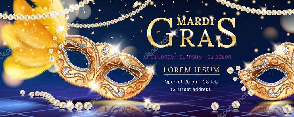 Masquerade mask with feather for mardi gras carnival banner. Venice event invite background with beads and confetti. Party flyer or venetian festive card design. Holiday and disguise, celebration