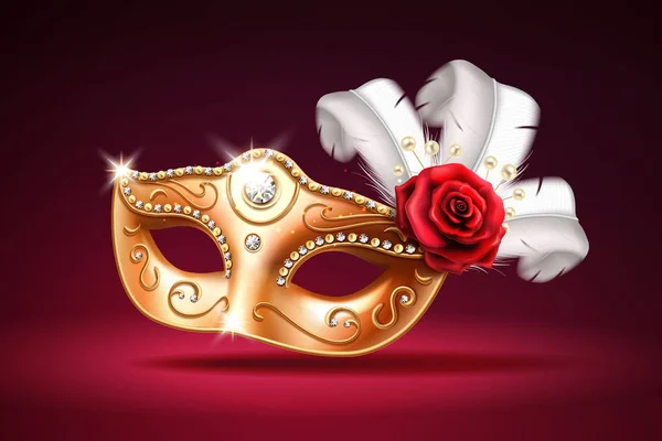 Коломбинская маска с бусами и перьями, цветок розы — стоковый вектор