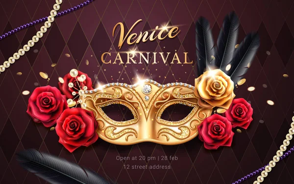 Mardi gras striscione di carnevale, volantino con maschera — Vettoriale Stock