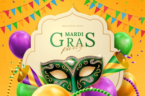 Cappello da festa e maschera in maschera al banner mardi gras — Vettoriale Stock