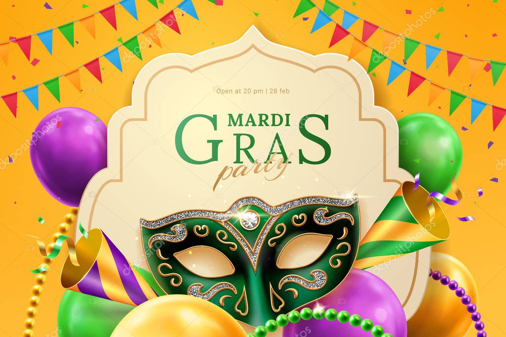 Party hat and masquerade ball mask at mardi gras banner background. Venetian carnival or festival invitation flyer with balloons and flags, beads and confetti. Fat tuesday and venetian celebration