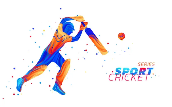 Illustration vectorielle abstraite de batsman jouant au cricket à partir d'éclaboussures liquides colorées et de coups de pinceau à pois colorés. Championnats et compétitions sportives. Silhouette de joueur 3d — Image vectorielle