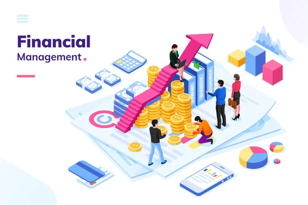 Isometric office with financial people and money — Stock Vector